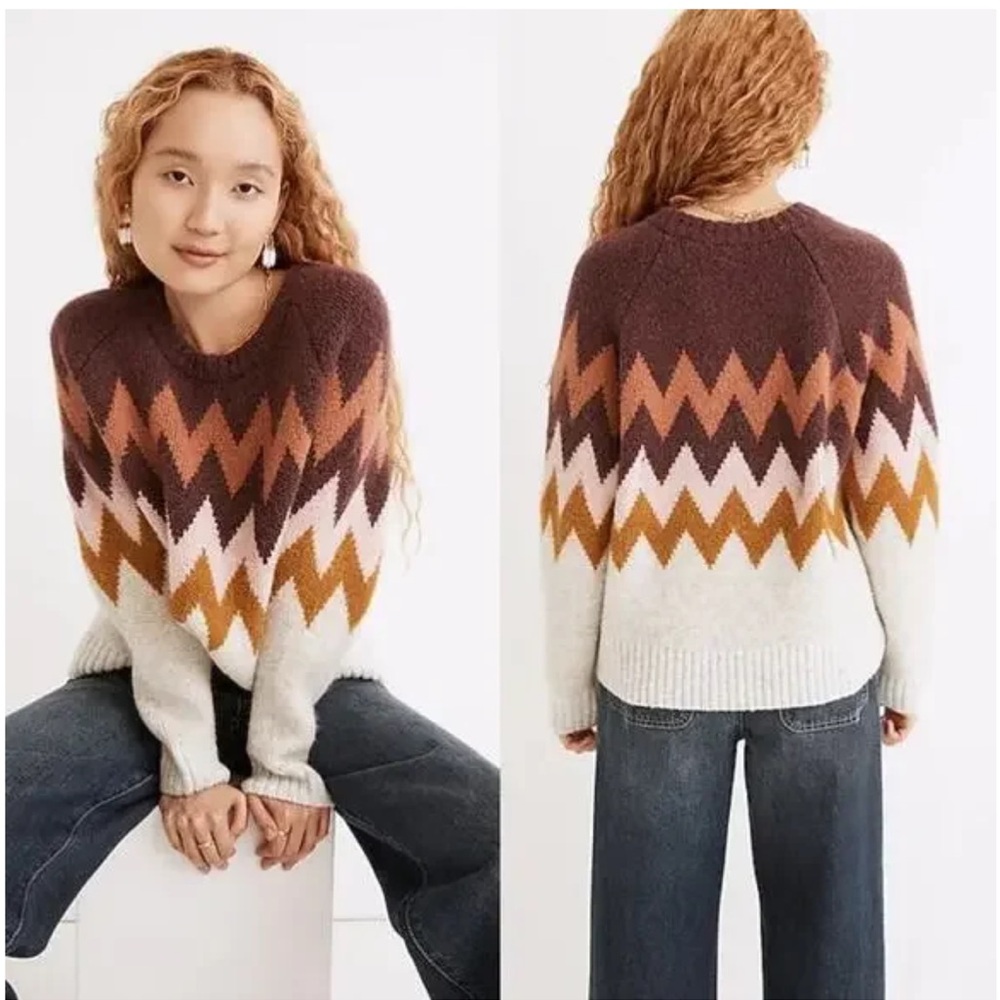 Madewell Dellwood Fair Isle Sweater in Fog Chevron Crewneck Retro size Medium